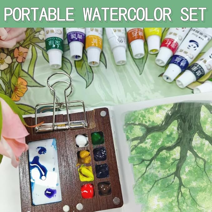 Watercolor Paint Set with Storage Bag Mini Watercolor Paint Kit for Travel Pocket Watercolor Set with 12 Colors Watercolor Painting Art Supplies with Easy Clean Wood palette Unique Creative Gift for Teens,Adults