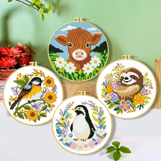 Zhenging Animal Cross Stitch Kit – 4 Pre-Printed Designs (Sloth, Bird, Penguin, Calf) with 11CT 9.45x9.45 Inch Fabric, Hoop, Scissors, Threader & Tools for Beginners & Adults