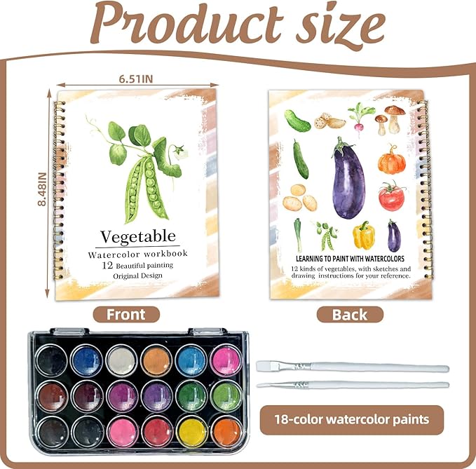 Watercolor Workbook, Water Coloring Book, 12 Different Patterns of Original DIY Designs, 18 Colors Watercolor Paint Set, Beginner-Friendly Watercolor Workbooks(Vegetables), Perfect Gifts for Adults