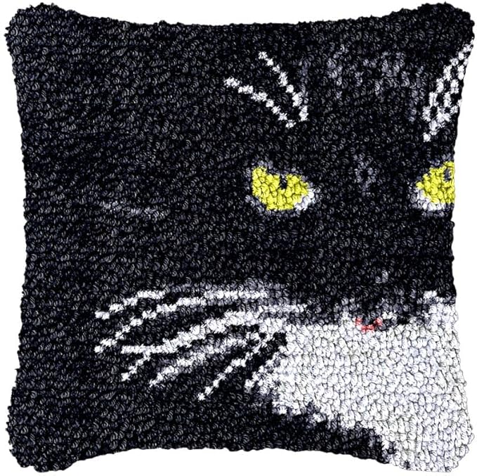 Black Cat Face Latch Hook Kits Pillow DIY Rug Crochet Hook Cushion Making Kits Printed Pattern Canvas Crochet Needlework Hooking Pillow Cover Easy to Starter DIY Kits 43x43cm