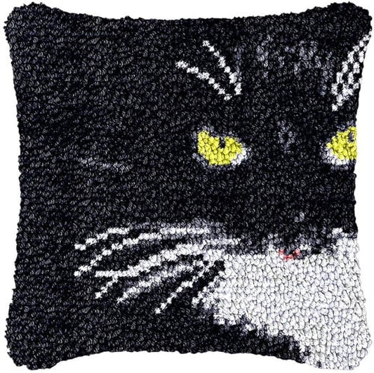 Black Cat Face Latch Hook Kits Pillow DIY Rug Crochet Hook Cushion Making Kits Printed Pattern Canvas Crochet Needlework Hooking Pillow Cover Easy to Starter DIY Kits 43x43cm