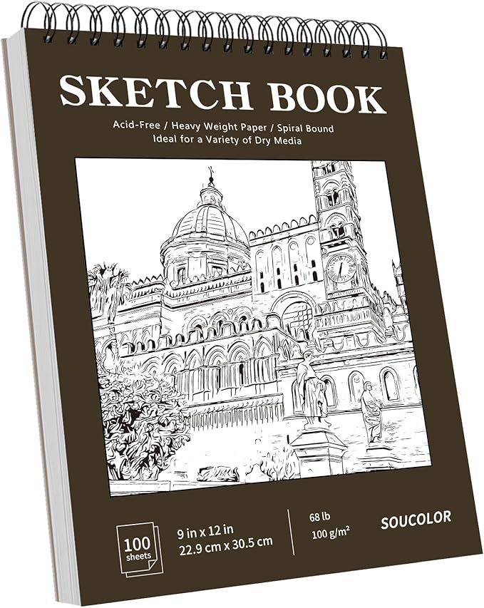 classroom must haves supplies for teacher student, soucolor 9" x 12" sketch book 100 sheets, back to school supplies, art sketchbook, acid free (68lb/100gsm) artist drawing book painting sketching pad