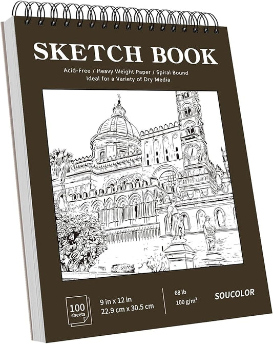 classroom must haves supplies for teacher student, soucolor 9" x 12" sketch book 100 sheets, back to school supplies, art sketchbook, acid free (68lb/100gsm) artist drawing book painting sketching pad