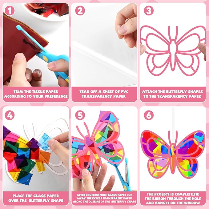 32 Sets Spring Butterfly Suncatchers Craft Kit DIY Window Stained Glass Effect Colorful Butterfly Paper Crafts Home School Classroom Decoration Birthday Gift Creative Art Project & Activity Game