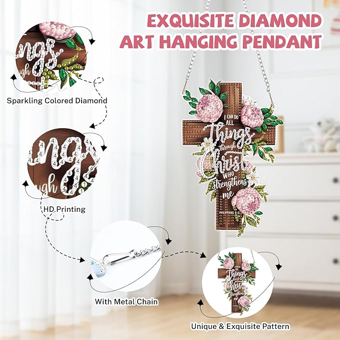 Bowetile Cross Diamond Art Hanging Kits for Adults, Diamond Art Suncatchers Easter, 5D Special Shape Diamond Painting Pendant Window Ornament Easter Gifts for Home Wall Garden Decor