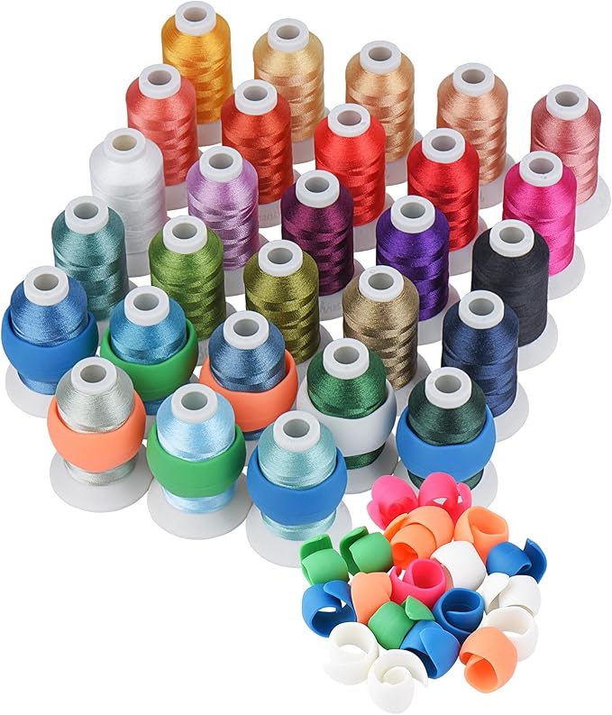 28 Assorted Colors Embroidery Machine Thread with 28 Thread Holder, 500M (550Y) Each Bobbin Polyester Embroidery Threads Kit and Spool Huggers for Sewing & Embroidery Machine- Janome Series 2