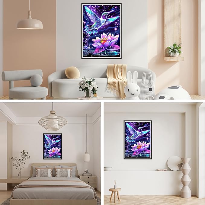 SENQAO Hummingbird Diamond Art Kits for Adults, Lotus Diamond Painting Kit for Beginners, Round 5D DIY Diamond Dots Art, Full Drill Painting Kit Art and Crafts for Adults Home Wall Decor 12x16inch