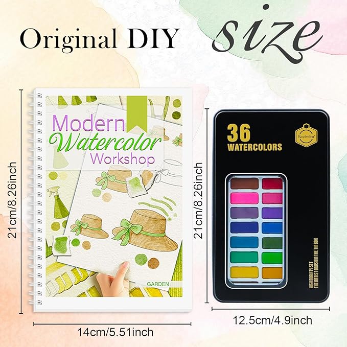 8Pcs Watercolor Workbooks with 2Pcs 36 Paint Colors, Water Coloring Book for Adults with 96 Patterns, Beginner-Friendly Step by Step Watercolor Workbooks for Beginners with 2Pcs 36 Paint Colors