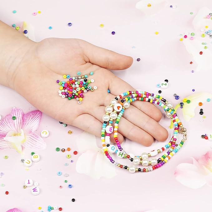 8/0 3mm Glass Seed Beads About 7200pcs 24 Colors Loose Craft Kit Earring Making Seed Beads with 24-Grid Plastic Storage Box for Jewelry Making