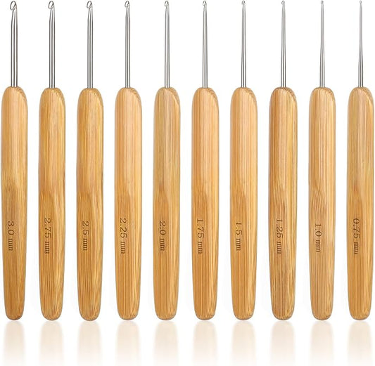 Katech 10 pcs Crochet Hooks Ergonomic Crochet Needles Bamboo Wooden Handle Small Size Crochet Hook (0.75-3.0 mm) Knit Weave Yarn Craft DIY Sewing Tools for Fine Work, Thin Yarn and Lace Knitting