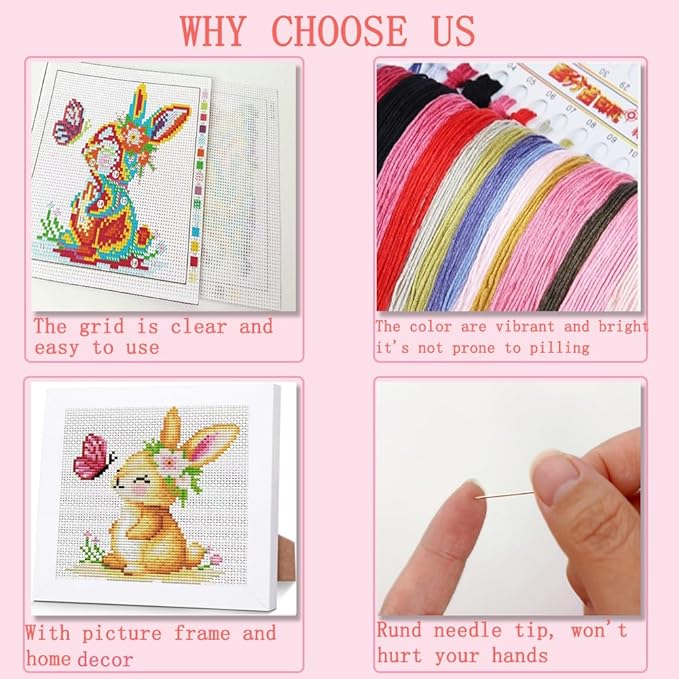 VIGEGU Rabbit Cross Stitch Kits for Beginners,Stamped Cross Stitch for Adults with Framed,Crafts for Girls 8-12 Embroidery Kit Partial 11CT Cross-Stitch Arts and Crafts for Adults 6.7x6.7inch