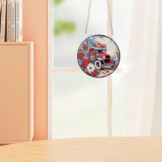 DIY 5D Diamond Painting Ornament Independence Day Car with American Flag, Diamond Art Acrylic Hanging Pendant, 4th of July Patriotic Diamond Painting Kit for Adults Home Door Car Decoration