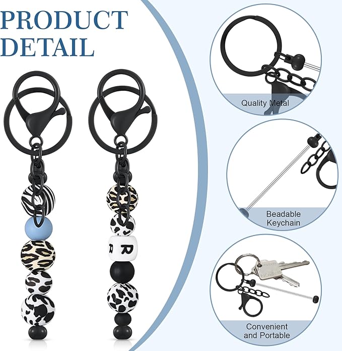 Tondiamo 24 Pcs Beadable Keychain Bars Bulk Beads for Keychain Making Kit Gifts for Women Men DIY Crafts(Black)