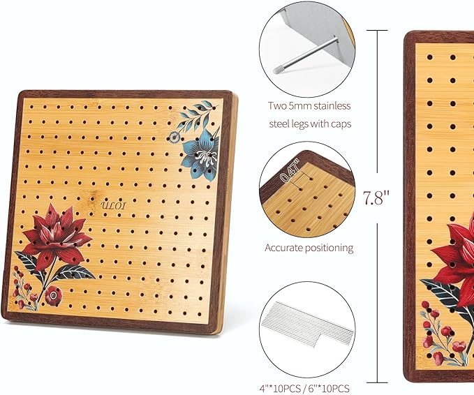 7.8”Crochet Blocking Board - Upgraded Style with 4 Tension Rods and 20 Pegs – Blocking Boards for Crochet Projects, Ideal for Granny Square Card Deck Users(Crimson)