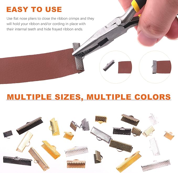 701Pcs 5 Colors Ribbon Clamp Ends for Jewelry Making with Pliers Tool Assortment Kit Bracelet Leather Bookmark Pinch Crimp Ends with Loop
