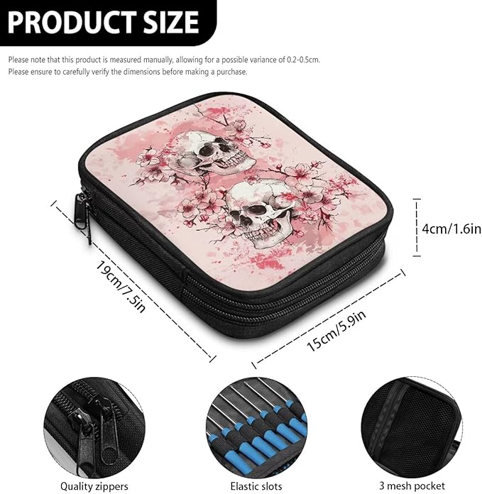 Hechitok Cherry Blossom Skull Crochet Hook Case, Zipper Storage Organizer Bag with Web Pockets for Crochet Needles/Knitting Accessories/Crochet Hook Kit Tools Easy to Hold