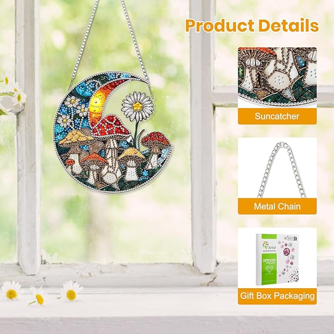 EOBROMD Diamond Hanging Art Kits for Adults Mushroom, Moon Suncatcher Diamond Art Painting, DIY Special Shaped Rhinestone Kits for Adults, Window Pendants Home Garden Wall Hanging Ornament