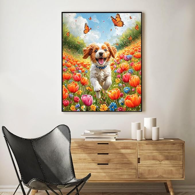 Okarina Paint by Numbers Kit for Adults Beginner Dog, Flowers Adult Paint by Number Kits on Canvas, Happy Puppy DIY Acrylic Oil Painting by Numbers for Adults, Perfect for Home Wall Decor 16X20 Inch