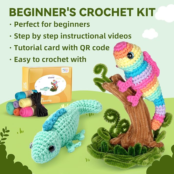 MOREJMTT Crochet Kit for Beginners, Crochet Animal Kits, Crocheting Kit for Starters, Learn to Crochet with Step-by-Step Video Tutorials, Beginner Crochet Kit for Adults(Chameleons)