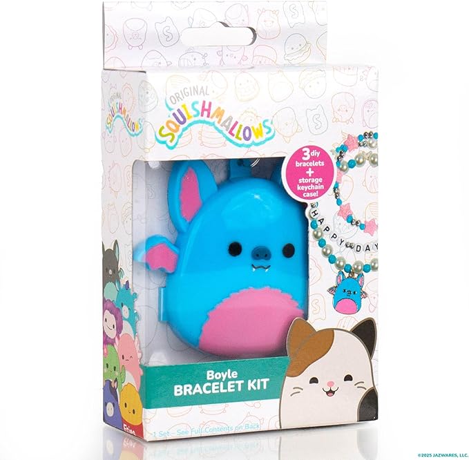Original Squishmallows Boyle The Bat Bracelet Kit, Makes 3 Accessories, Fun Beads and Charms, Bonus Keychain, Friendship Jewelry Making Set, Gifts for Girls, Craft Kits, Arts and Crafts for Kids