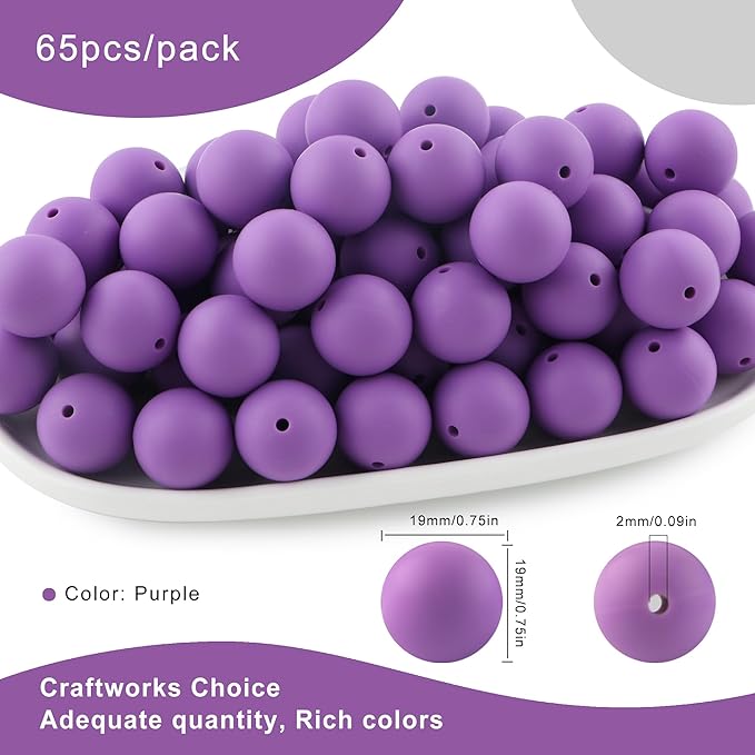 65Pcs 19mm Silicone Beads for Keychain Making Bracelet Necklace, Bulk Round Silicone Beads for Pens(Purple)