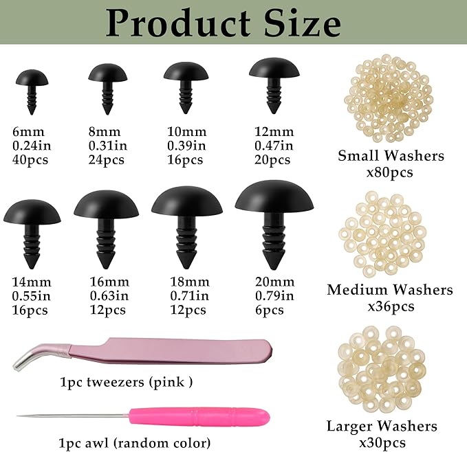 MAOQIAN 294PCS Safety Eyes for Amigurumi, 6-20mm, 8 Sizes Safety Eyes with Washers for Crocheting, DIY Crafts, Stuffed Animals