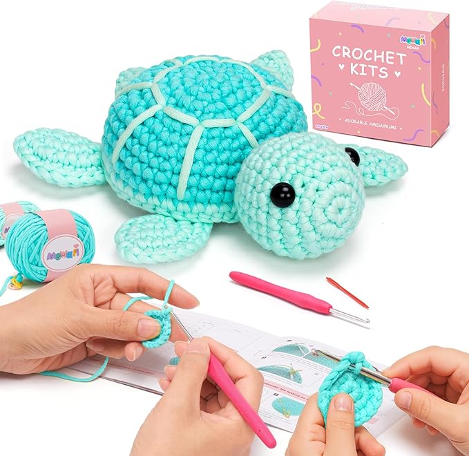 Mewaii Crochet Kit for Beginners Level 1 with 40% Extra Eco-Friendly Pre-Started Easy Yarn, Step-by-Step Video Tutorials for Adults and Kids (Blue Sea Turtle)