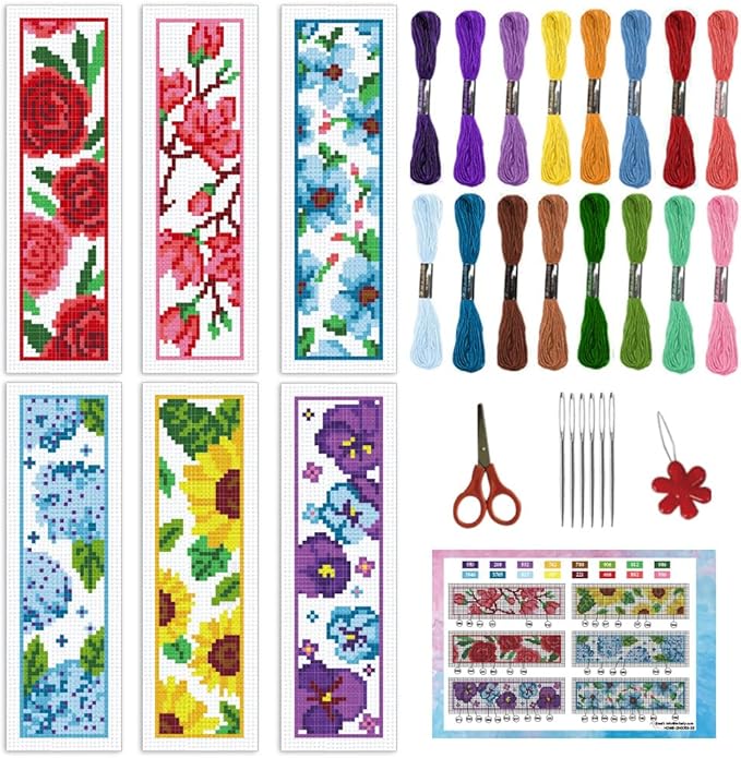 INFUNLY 6pcs Red Rose Cross Stitch Bookmark Kits DIY Sunflower Peach Blossom Embroidery Bookmark Kits for Beginners with Instruction Blue Flower Bookmark Making Kit for Book Lovers Readers Women Gifts