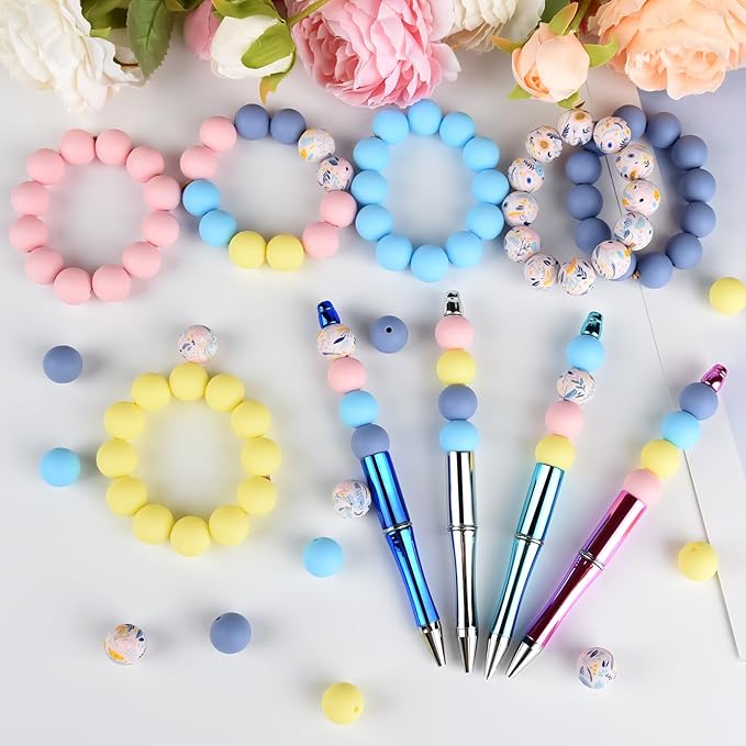 ASTARON 100 Pcs 15mm Silicone Beads for Keychain Making, Illustration Style Yellow Blue Round Beads Bulk for Bracelets Crafts Beadable Pens Decorations Jewelry Making Supplies