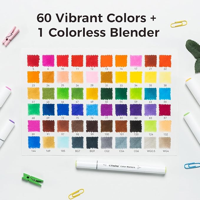 Ohuhu Markers for Adult Coloring Books No Bleeding 60 Colors Water-based Dual Tips Coloring Markers for Kids Adults Beginners Drawing Pens for Journaling Lettering (Brush & Fine)