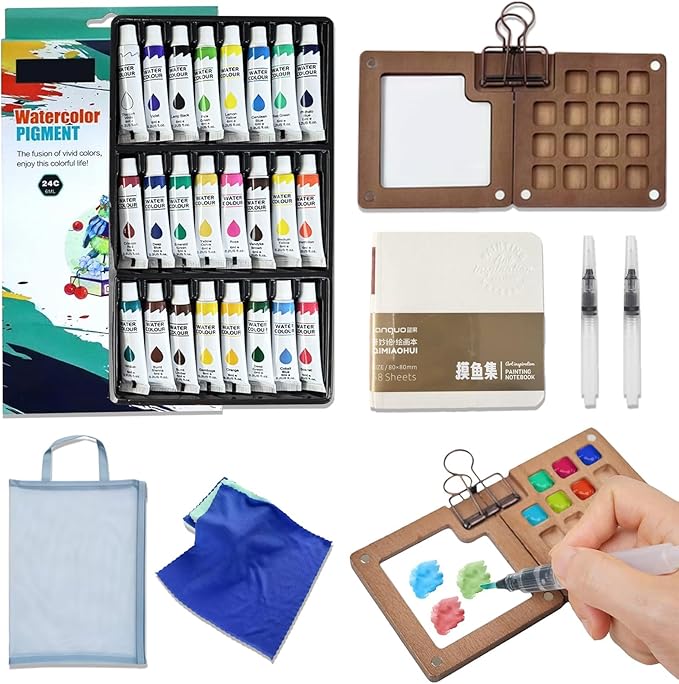Walnut Wood Mini Watercolor Paint Set-24 Color Pocket Watercolor Set with Brush, Sketchbook and Towel, Complete Portable Watercolor Kit for Artists, Beginners, Students and Urban Sketching (15 Grids)