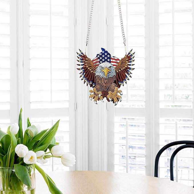 DIY Diamond Art Hanging Kits for Adults, Patriotic American Flag Owl Special Shaped Crystal Diamond Painting Ornament, Acrylic Window Suncatcher Pendant with Chain for Independence Day Home Decor Gift