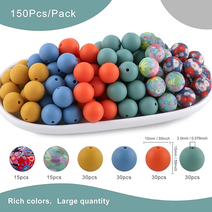 150Pcs Mixed Color 15mm Silicone Beads for Keychain Making, Powder Orange Flower Print Silicone Beads for Pens and Bracelet Jewelry Making