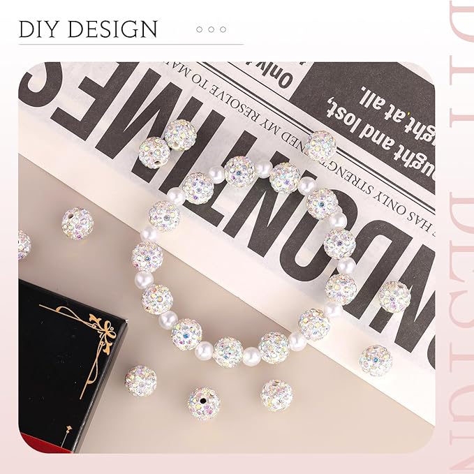 100 pcs 10mm Rhinestone Beads for Jewelry Making, Crystal AB Shiny Round Shamballa Disco Beads Bulk, Sparkle Crystal Clay Christmas for Bracelet Baseball Necklace Earring Crafting and DIY