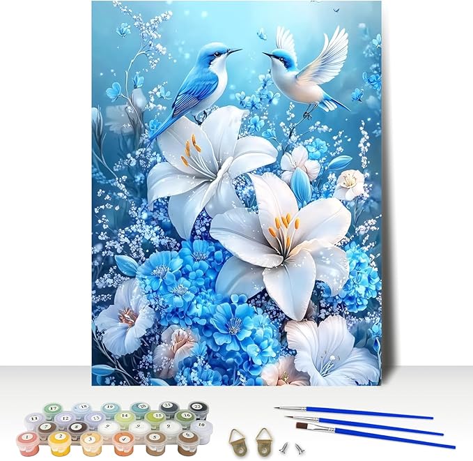 MAXBYE Birds Paint by Numbers, Flower Adults' Paint by Number Kits, DIY Acrylic Paint Kit for Adults Beginners Unframed, Easy Oil Paint by Numbers Canva for Home Wall Decor 12x16inch
