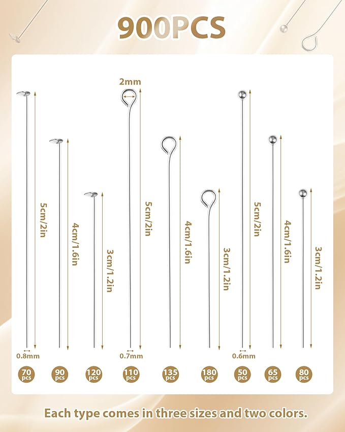 FIVEIZERO 900 PCS Eye Pins and Flat Head Pins for Jewelry Making, Metal Eyepins, Headpins & Ball Head Pins for DIY Earrings, Necklaces, Bracelets, Pendants, 1.2", 1.6", 2",Silver