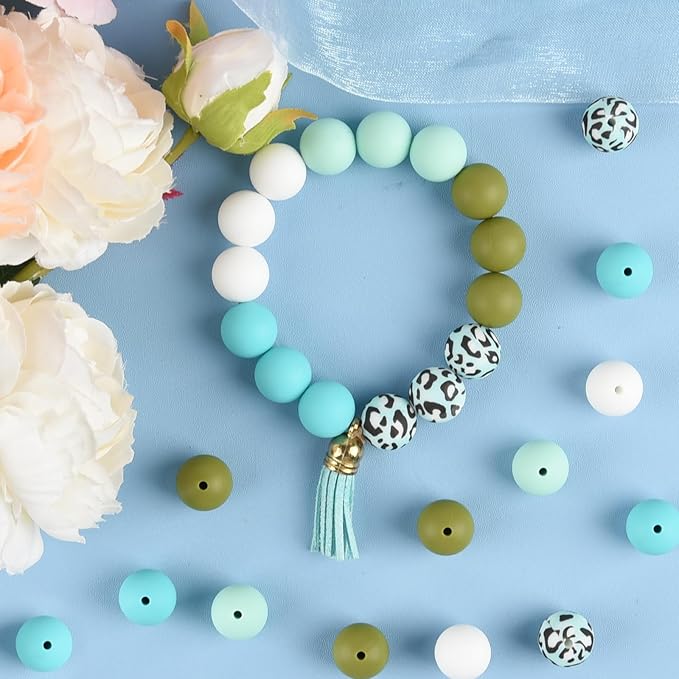 ASTARON 100 Pcs 15mm Silicone Beads for Keychain Making, Cyan Blue White Silicone Beads Bulk Round Beads for Bracelets Pens Crafts Supplies
