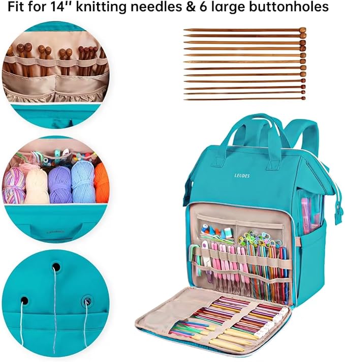 Leudes Knitting Bag Backpack,Yarn Storage Organizer Large Crochet Bag Tote Christmas Gift Yarn Holder Case for Carrying Projects,Knitting Needles (Turquoise)