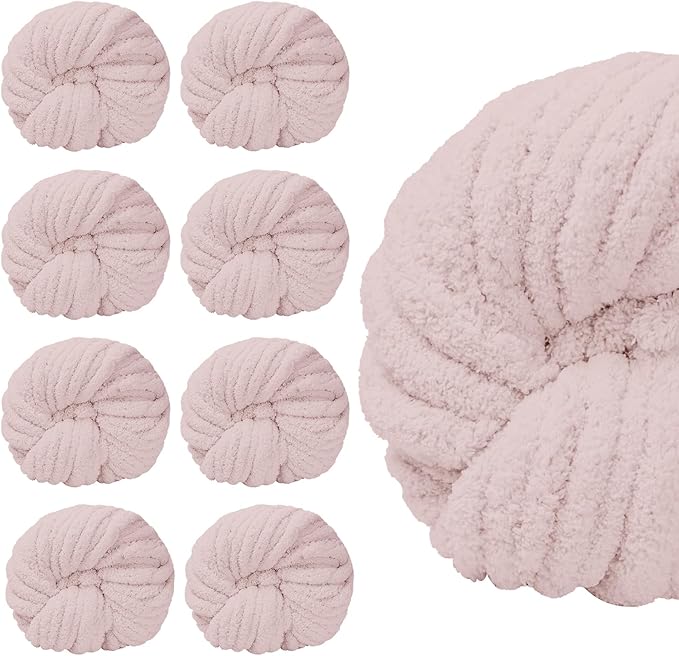 SUNTQ 8 Pack Jumbo Chunky Chenille Yarn for Crocheting, Bulky Thick Fluffy Yarn for Hand Knitting Blanket, Soft Plush Knitting Yarn for Scarf,Home Decor, Pink(32 yds,8.8 oz Each Skein)
