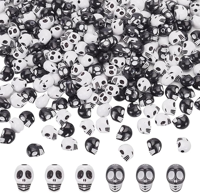 arricraft 200 Pcs Skull Acrylic Beads, 2 Colors Skull Spacer Beads Holes Opaque Acrylic Beads Center Diamond Accessories for DIY Handmade Necklaces, Bracelets, Earrings Decoration