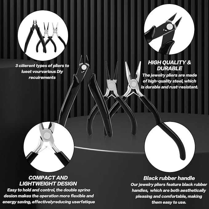 3 pcs jewelry pliers set beading pliers set with needle nose pliers, round nose plier and wire cutter for jewelry making repair supplies and crafting,wire wrapping crafts