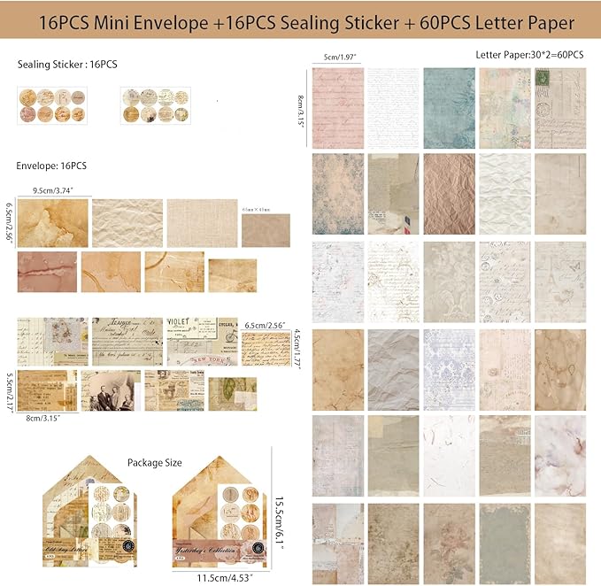 92 Pieces Mini Stationery Paper Envelopes and Sealing Sticker Set, 60 Vintage Writing Scrapbook Papers with 16 Matching Envelopes and 16 Round Seal Sticker