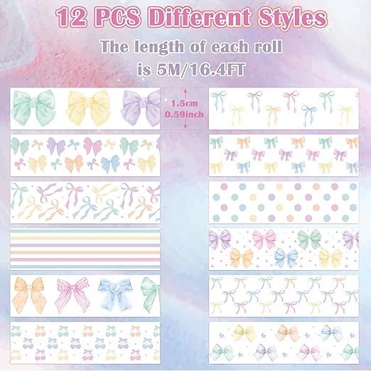 Watercolor Bow Washi Tape - 12 Rolls Colorful Watercolor Bow Pastel Preppy Aesthetic Scrapbook Washi Adhesive Glue Masking Tape Set School Office DIY Craft Scrapbooking Junk Journal Supplies