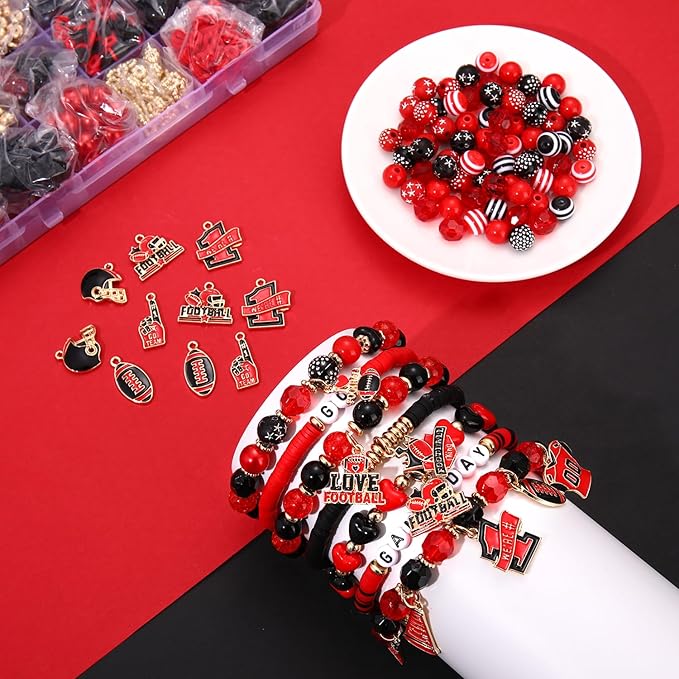 HSWE Game Day Beads for Bracelets Making Kit,Red Black Heishi Clay Pearl Letter Assorted Round Beads Gold Spacer Beads with Football Charms for DIY Bracelets Necklace Jewelry Making, 2100PCS+