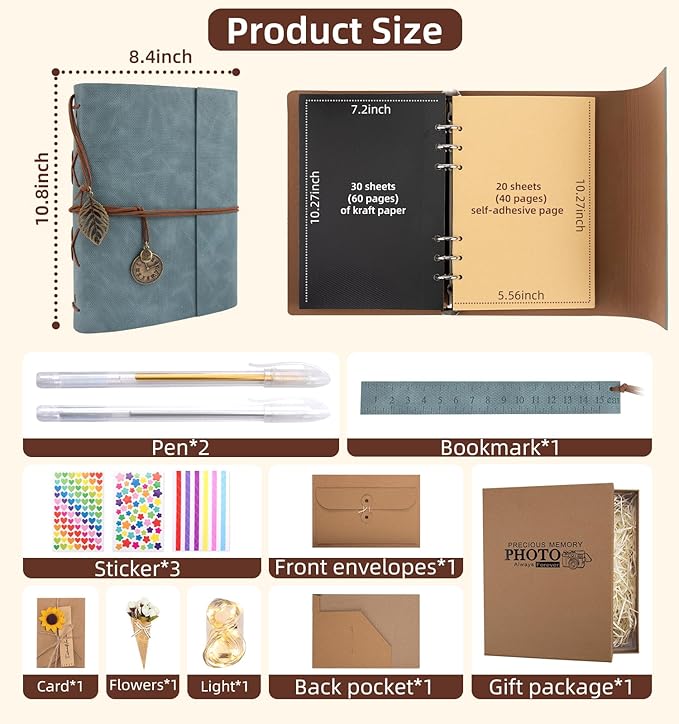 Scrapbook Photo Album 100 Pages, 60 Page Self Adhesive+40 Page Kraft Paper DIY Photo Book for 2x3 3x5 4x6 5x7 Pictures, Leather Memory Book for Wedding Baby Family Travel Birthday Christmas