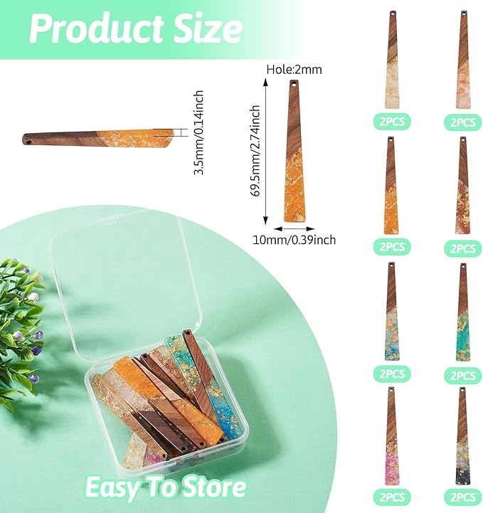 Beadthoven Colorful Resin Wood Charms for Earrings, 16Pcs/8 Pairs Glittery Silver Gold Foil Hanging Wooden Pendants Transparent Long Bar Pendants for Jewelry Making Necklace DIY Crafts
