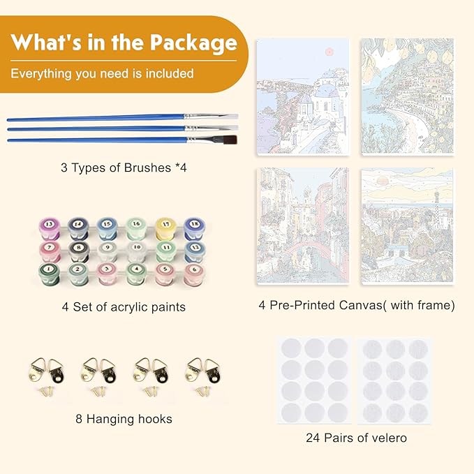 NEWENMO 4 Pack Paint by Numbers Kit for Kids Beginner with Wooden Frame, Beautiful Coast Village, Paint by Numbers Kit for Adults, Park and Cityscape, DIY Painting Kits for Home Wall Decor 8x10 inch