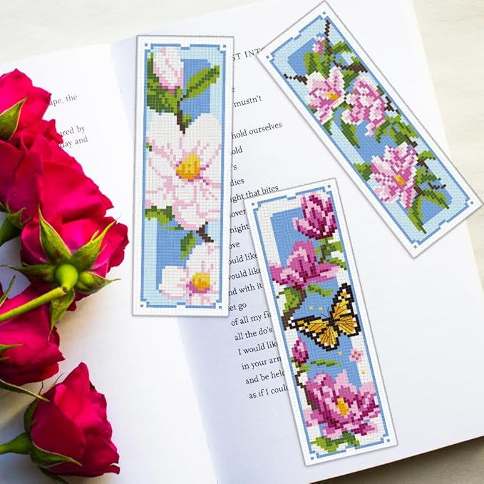 ORIGACH 6 Set Magnolia Cross Stitch Bookmark Kits for Beginner, Flowers Stamped Cross Stitch Kits with Instructions for Adults Bookmarks Lovers