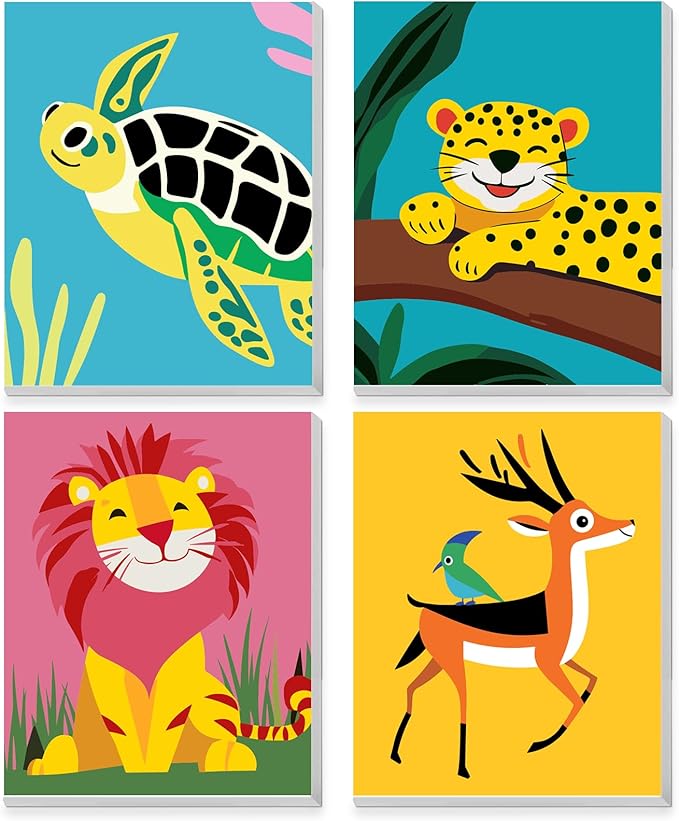 KEYIFA 4 Pack Framed Paint by Numbers Kit for Kids Age 6-12, Easy Animal Paintings for Adult Beginner, Framed Acrylic Canvas Painting for Home Decor Children Gift, 8x10 in (Deer+Turtle+Lion+Leopard)