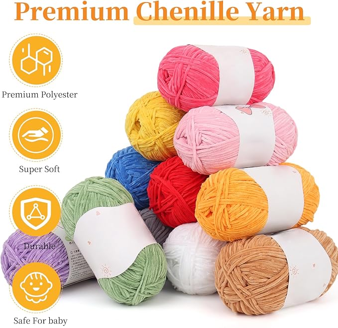 Coopay Skinny Chenille Yarn for Crocheting and Knitting, 12 Pack of 50g/1.76oz - 1764yd Total, Soft Crochet Yarn of Light Weights - Suitable for Baby Blankets, Plush Dolls, Garments (White)